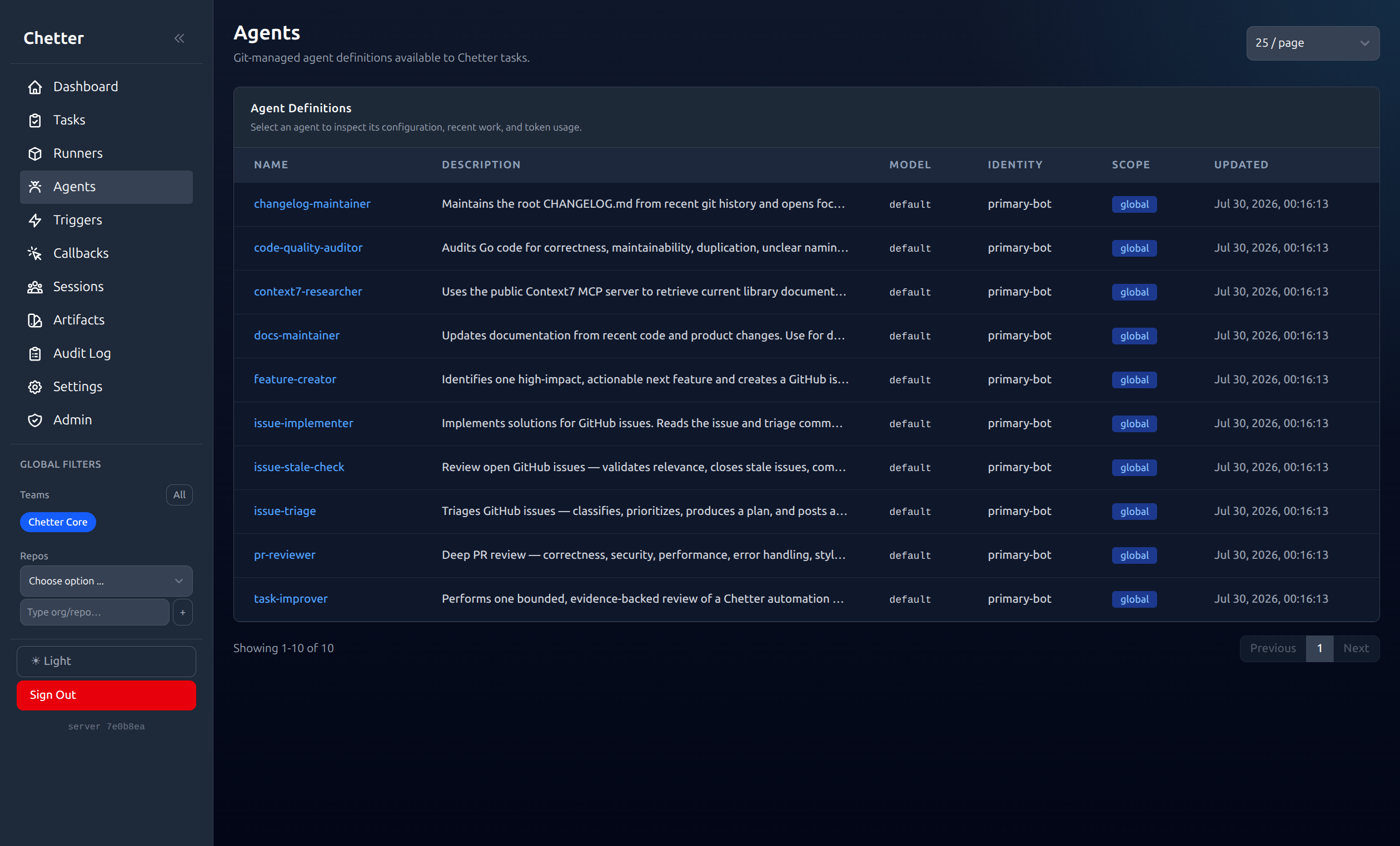 Chetter agents page listing Git-managed agent definitions, models, identities, and scopes