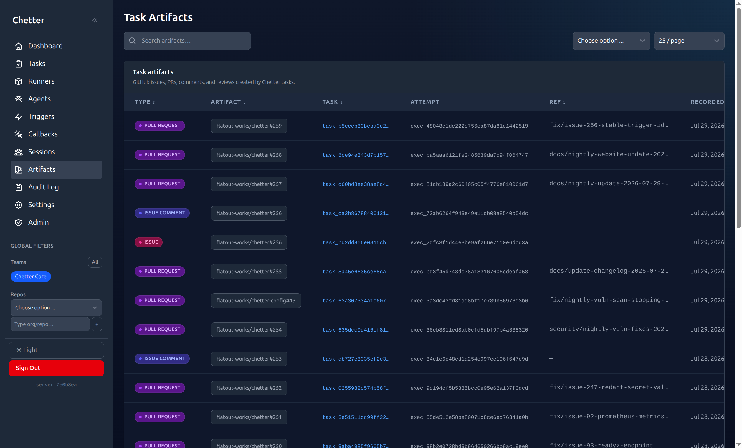 Chetter task artifacts page linking GitHub issues and pull requests to tasks and execution attempts