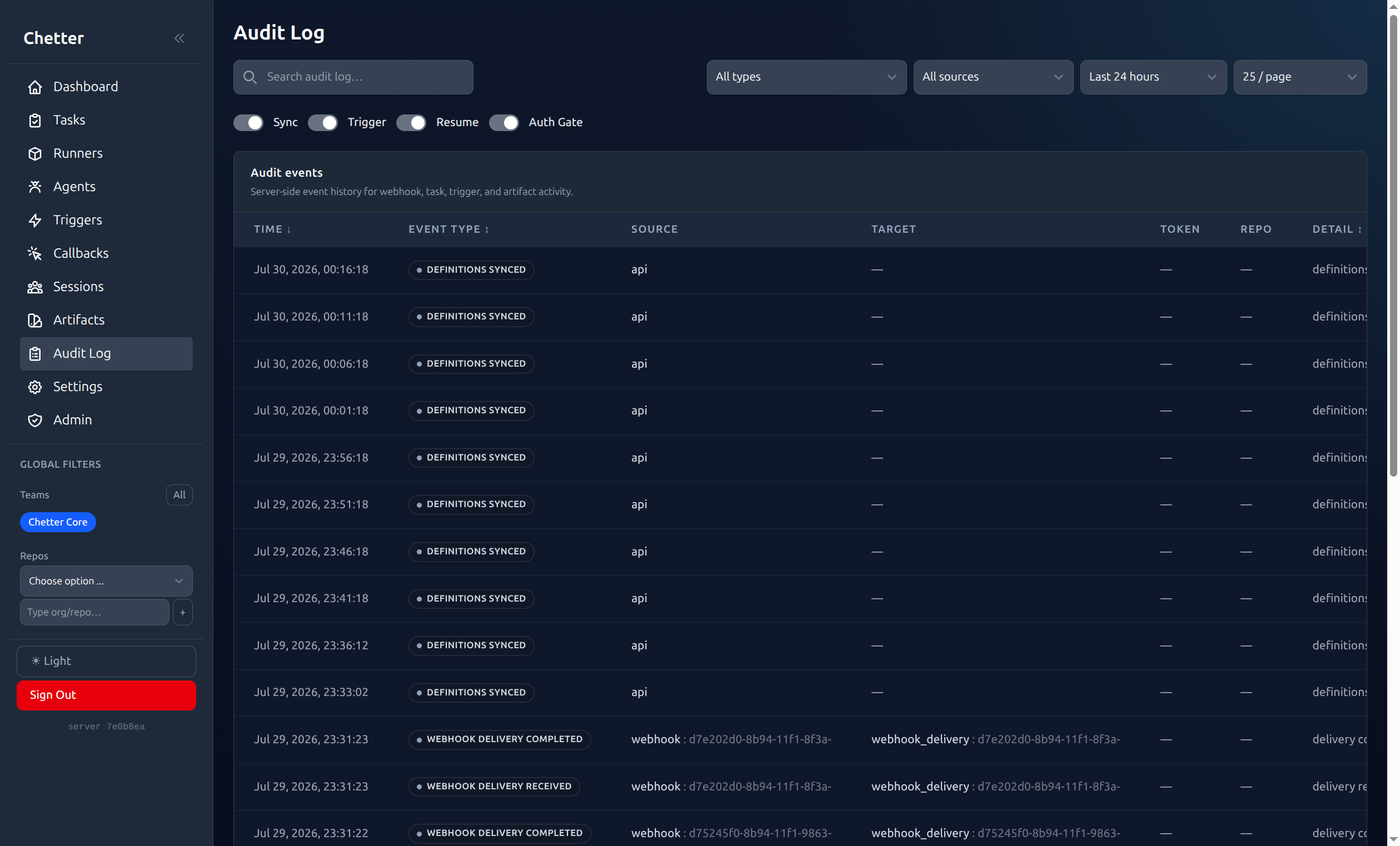 Chetter audit log showing searchable server-side automation and webhook events