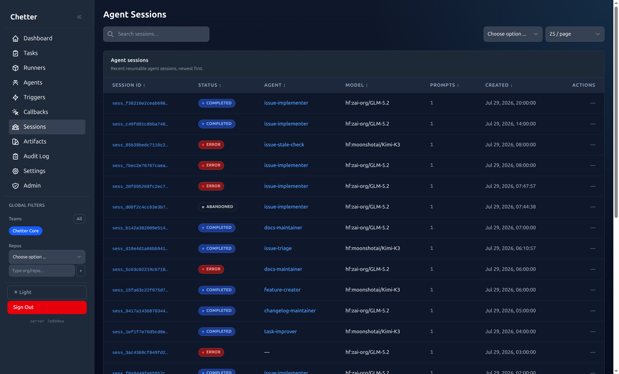Chetter agent sessions page showing resumable session status, agent, model, and prompt count
