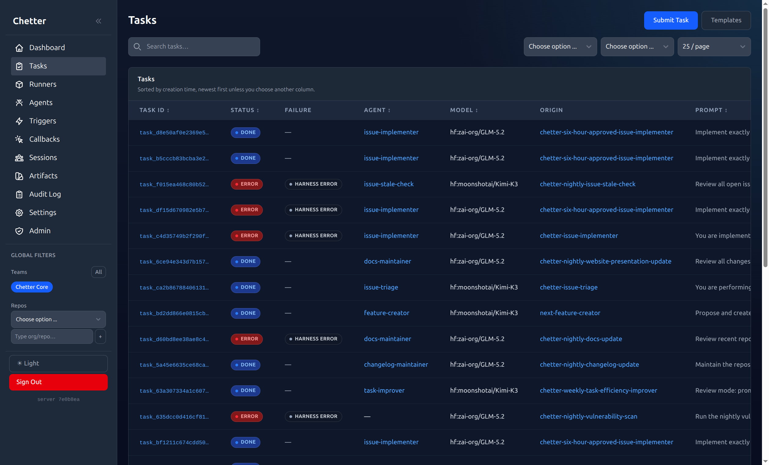 Chetter tasks page showing task status, failure type, agent, model, origin, and duration