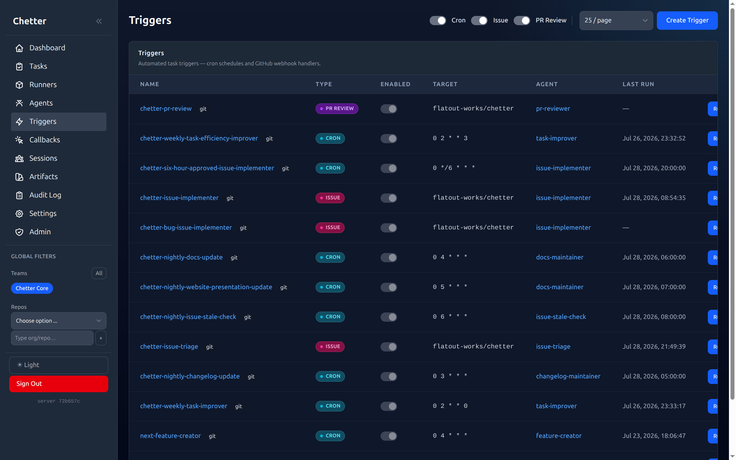 Chetter triggers page listing cron schedules and GitHub webhook handlers